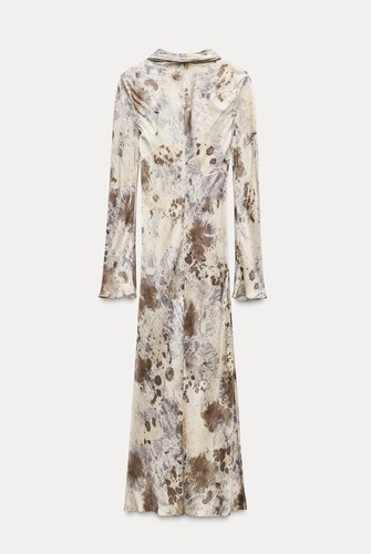 NWT Zara Womens XL Maxi Dress Long Sleeve Animal Tie Dye Neutral Runway Model - Picture 2 of 14