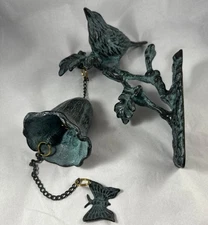Vintage Cast Metal Dinner Bell Green Patina Bird Wall Hanging Country Farmhouse