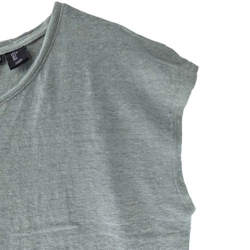 Tahari Leinen Strick T-Shirt Tee Top Damen Größe L salbeigrün ärmellos Knöpfe - Bild 5 von 6