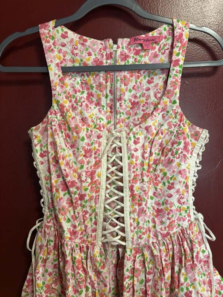 Betsey Johnson 紧身胸衣上衣女式 2 码粉色 Ditzy 花卉薄纱衬衫 — 第 3/4 张图片