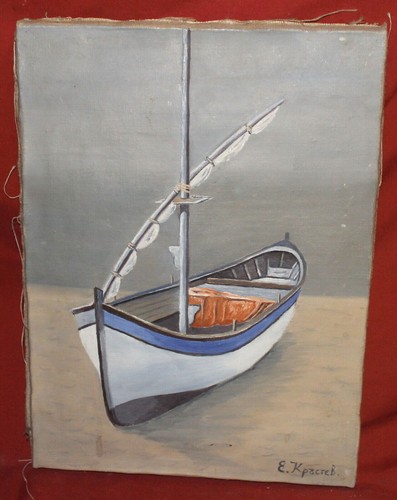 Vintage modernist landscape seascape boat oil painting signed - Picture 4 of 12