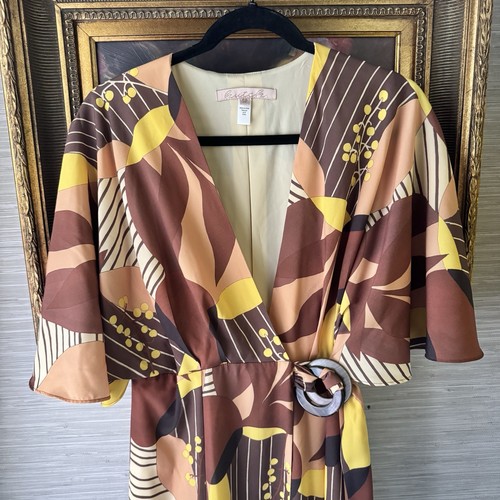 Anthropologie Hutch Deep-V Brown and Yellow Patterned Wrap Maxi Dress iSize SP - Picture 8 of 10