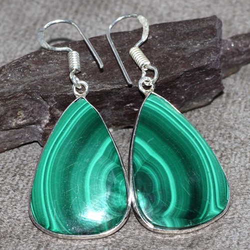 Malachite 925 Silver Plated Gemstone Earrings 1.6" GW