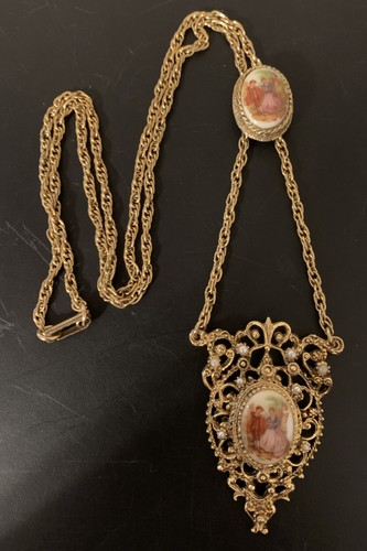 Vintage Victorian Style Double Cameo Necklace Gold Tone - Picture 5 of 5
