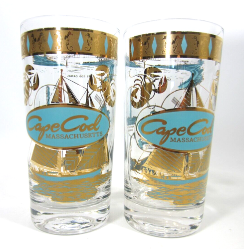 Gobelets en verre CAPE COD milieu de siècle doré aqua rétro souvenir barware tiki