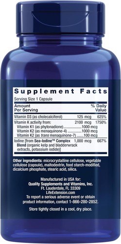 Life Extension Vitamins D and K with Sea-Iodine, vitamin D3, vitamin K1 and K2 - Picture 2 of 3
