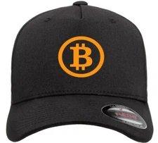 Bitcoin Logo Crypto Symbol Hat Flexfit Baseball Cap Printed Emblem S/M & L/XL