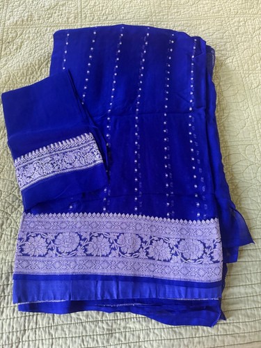 NWT Tilfi Pure Khaddi silk chiffon banarasi saree in electric blue color - Picture 3 of 4