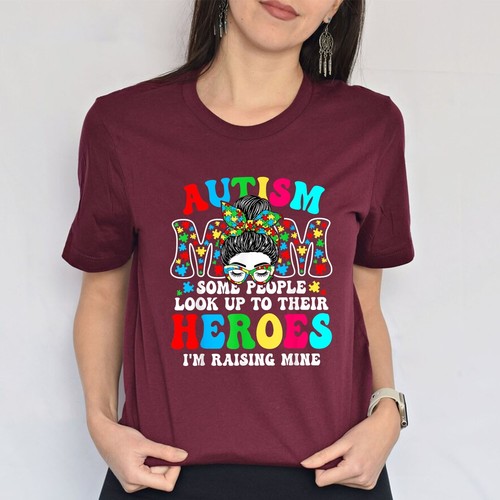 Autism Mom Raising Hero Groovy Messy Bun Autism Awareness T-Shirt - Picture 4 of 21