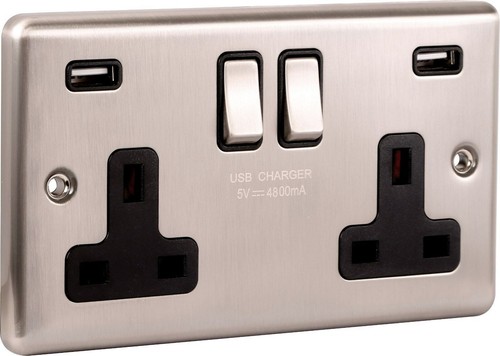 Brushed Stainless Steel Brushed Chrome Sockets and Switched USB Black Insert - Picture 31 of 33