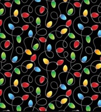 "Country Christmas" Christmas Lights Fabric-Cotton 1 yd BTY Black Fast Ship