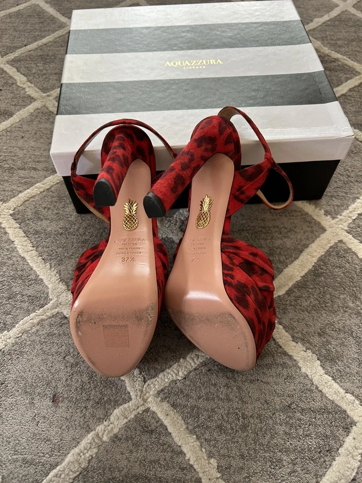Aquazzura Evita Plateau 130 Red Leopard Suede Platform Sandals US 7.5 - Image 3 of 3