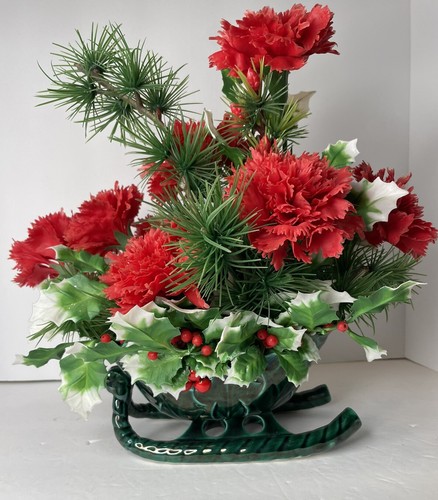 Lefton Green Holly Berry Trineo Flores Verdes Clavel Arreglo MCM De Colección - Imagen 2 de 12