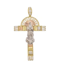 Lady Guadalupe Virgin Mary Cross Pendant 10k Tri Color Gold CZ Charm  2.7 inch