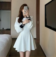 French retro coffee break college style white long-sleeved polo dress high waist