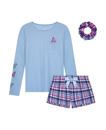 MAX & OLIVIA Big Girl Top Screen Print Shorts w/ Bow & Scrunchie Blue Size L - Picture 2 of 2