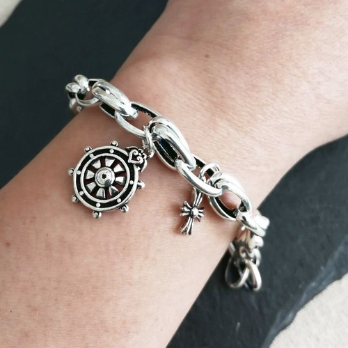 925 Sterling Silver Chain Bracelet Nautical Boat Wheel Cross Charms Boho Unique - Picture 3 of 7