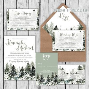 personalised luxury rustic christmas snowy trees wedding invitations