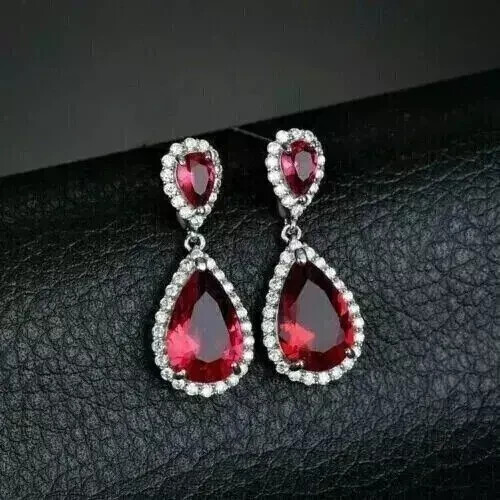 4.50Ct Pear Cut Lab Created Red Ruby Drop/Dangle Halo Earrings White Gold Plated - Picture 5 of 9