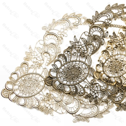 BIG NECKLACE filigree metal lace GOLD/BRASS FINISH large detailed collar - Picture 4 of 9
