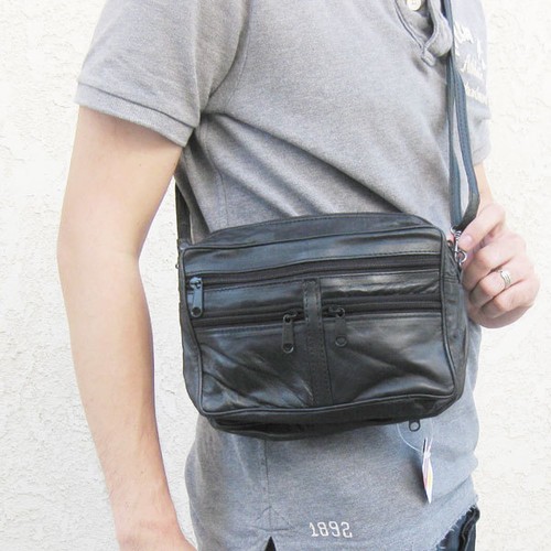 Schwarz Leder Herren Kurier Organizer Reisetasche Handytasche Handriemen - Bild 4 von 6