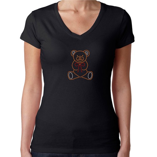 Womens T-Shirt Rhinestone Bling Black Fitted Tee Teddy Bear Sparkle - Picture 1 of 7