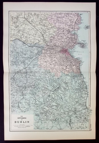 ENVIRONS OF DUBLIN, original antique atlas map, RAILWAYS, G. Bacon, 1890 - Picture 1 of 4