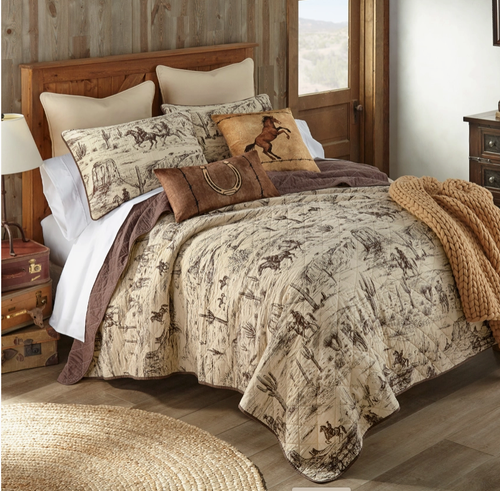 Cowboy Western Cotton Quilt Set Horse Ranch 3 Piece Bedding Equestrian Decor - Picture 3 of 6