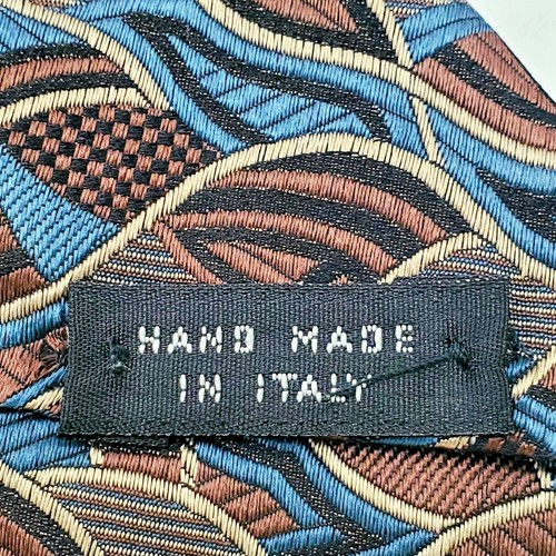 Volta Seta Men's Necktie Brown & Blue Geometric Pattern Designer Made in Italy - Picture 6 of 7