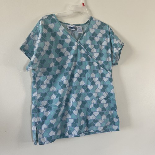 J I T Scrubs Womens Top Size Medium Hearts Blue Green Two Patch Pockets - Picture 3 of 8