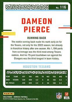 Dameon Pierce 2023 Donruss Football - #116 - Houston Texans - Bild 2 von 2