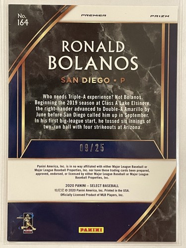 2020 Panini Select Ronald Bolanos Rookie RC Cracked Ice Prizm /25 #164 Baseball - Picture 2 of 3