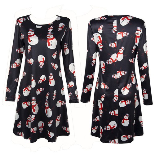 Womens Ladies Gift Xmas Santa Snowman Christmas Printed Party Flared Swing Dress - Picture 3 of 31