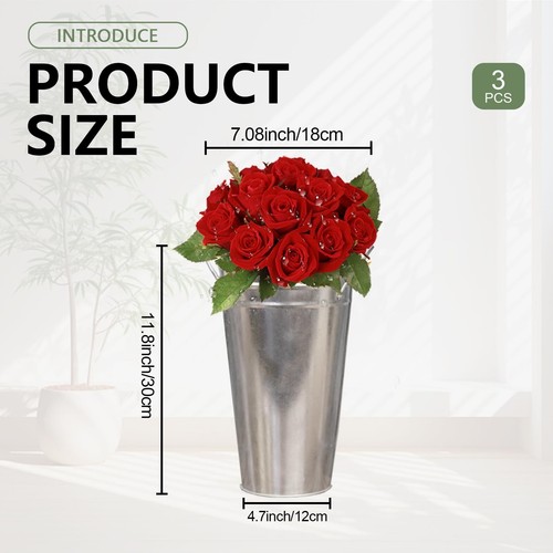 3 Packs 15 Inch Galvanized Metal Vases French Flowers Bucket with Handles Rus... - Picture 2 of 7