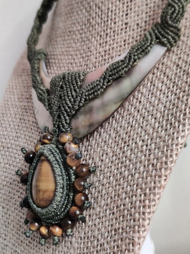 OOAK Artisan Necklace Mother Of Pearl Tiger Eye Macrame Handmade Statement - Picture 19 of 20