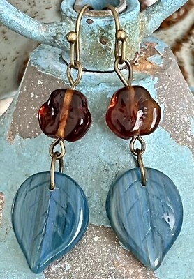 Bronze Earrings. Blue Picasso Leaf Beads and Amber Pansy Flowers. Fall. Autumn