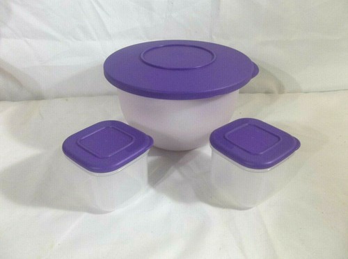 Tupperware Impressions Small Pearl Bowl & 2 Clear Mates Minis with Purple Seals - Picture 1 of 12