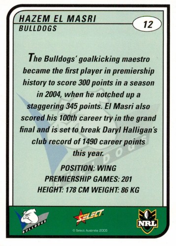 2005 CANTERBURY BULLDOGS NRL Card HAZEM EL MASRI - Picture 2 of 2