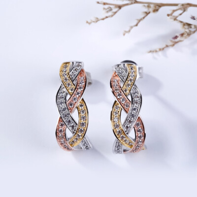 Real Moissanite 2.00Ct Round Cut Hoop Earring 14K Three Tone Gold Silver Plated