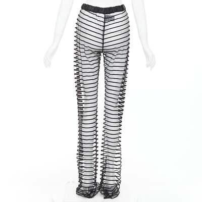 DRIES VAN NOTEN black flocked mesh striped sheer straight