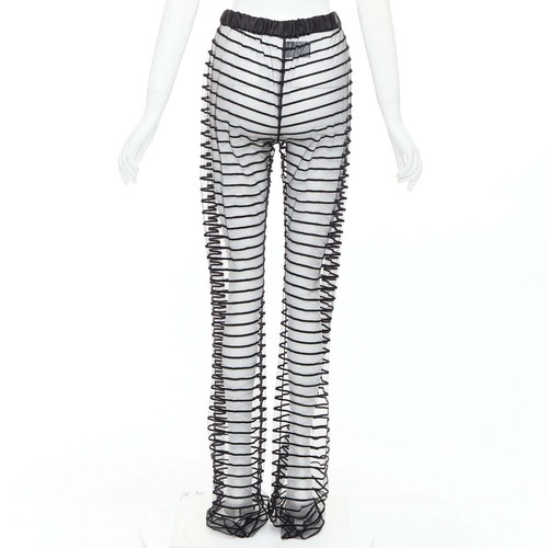 DRIES VAN NOTEN black flocked mesh striped sheer straight leg pants FR38 M - Picture 5 of 8