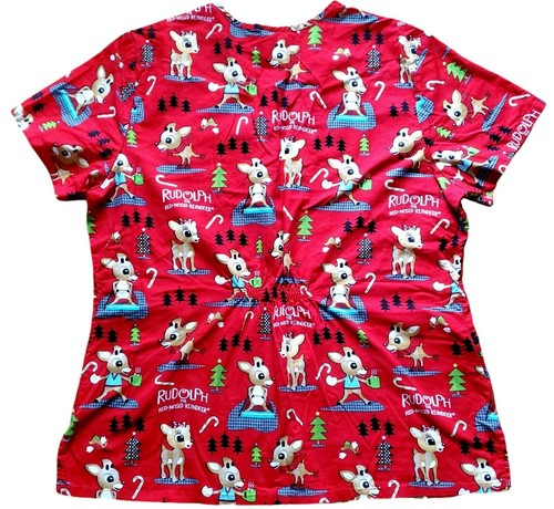 Rudolph Reindeer Scrub Top V-Neck Clarice Deer Christmas Nurse Dr MA Dentist Red - Bild 4 von 11