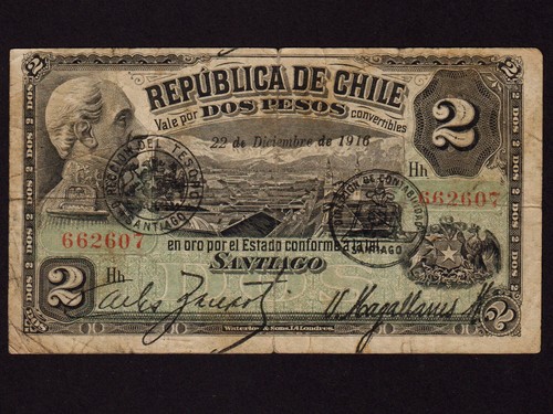 Chile:P-17, 2 Pesos, 1916 * Manuel Blanco Encalada, Santiago de Chile * VF * - Picture 1 of 2