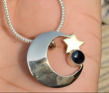 Black Onyx Gemstone Moon Pendant 925 Sterling Silver Handmade Gifted Jewelry