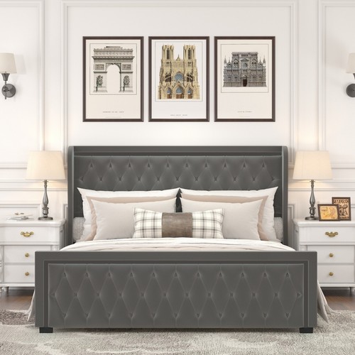 King Platform Bed Frame High Headboard, Velvet Upholstered, Deep Tufted Buttons - Picture 7 of 12