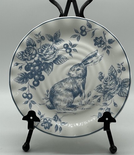 Maxcera Blue Toile Bunny Rabbit Scalloped Cabbage Rose Salad Plates 2 Spring - Picture 2 of 8