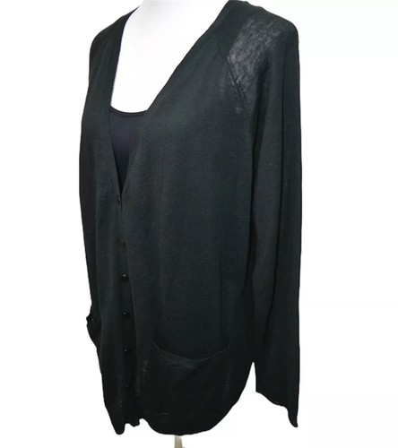 Cardigan maglione Eileen Fisher nero maglia lino cotone bottoni M - Foto 9 di 10