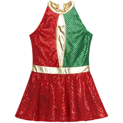 Kids Girls Bodysuit Hollow Back Christmas Gymnastic Costume Cheerleading Dress - Picture 15 of 30