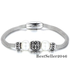 Womens-Retro-Manmade-Pearl-Bead-Stainless-Steel-Mesh-Wrapped-Magnetic-Bracelet
