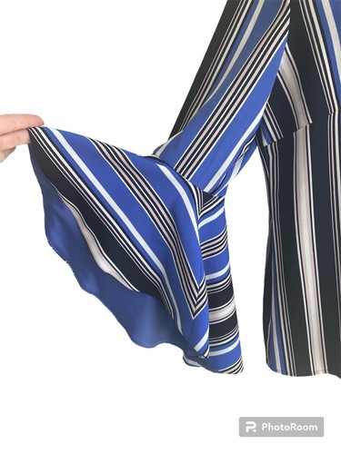 Coco Blanco Blue Multi Striped Blouse Top Bell Sleeves V-Neck Tunic Woman Large - Picture 4 of 4